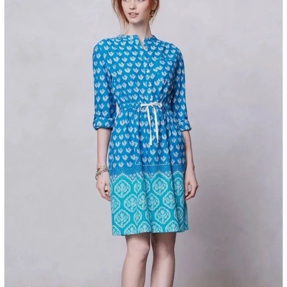 Meadow Rue Blue Cotton Block Print Shirt Dress 2 Roll Tab Sleeve Boho‎ Paisley